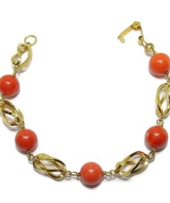 Pulsera de Oro Amarillo de 18K con 5 Bolas de auténtico Coral de 9mm