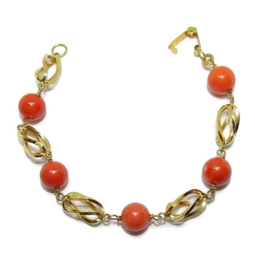 Pulsera de Oro Amarillo de 18K con 5 Bolas de auténtico Coral de 9mm