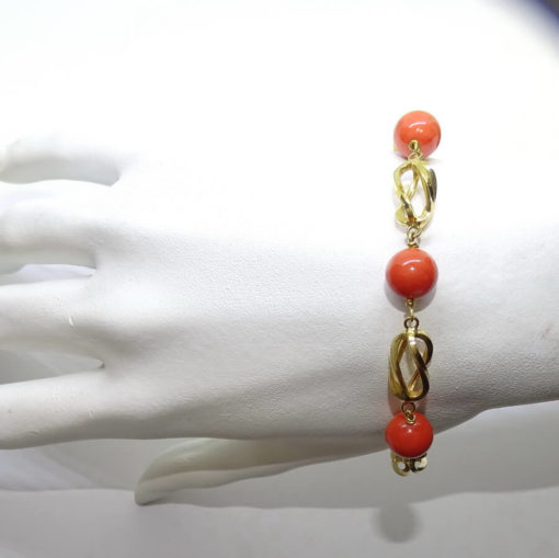 Pulsera de Oro Amarillo de 18K con 5 Bolas de auténtico Coral de 9mm - Imagen 2