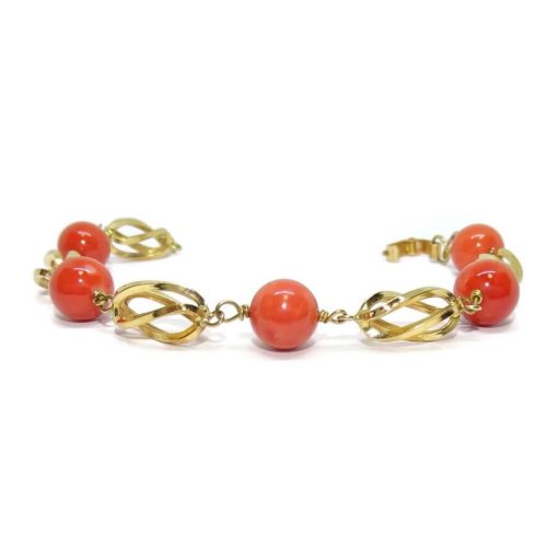 Pulsera de Oro Amarillo de 18K con 5 Bolas de auténtico Coral de 9mm - Imagen 3