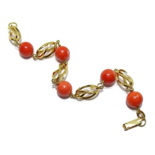 Pulsera de Oro Amarillo de 18K con 5 Bolas de auténtico Coral de 9mm - Imagen 5