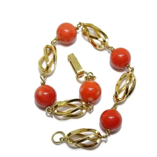 Pulsera de Oro Amarillo de 18K con 5 Bolas de auténtico Coral de 9mm - Imagen 4