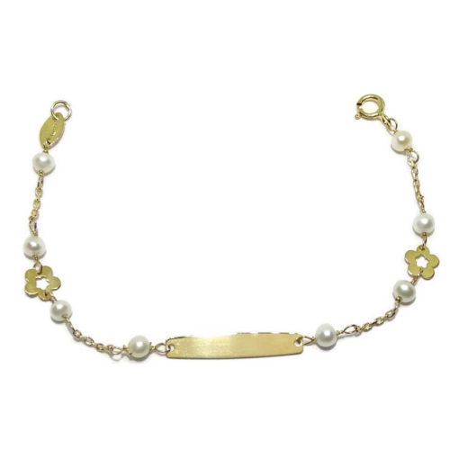 Pulsera para bebé de oro amarillo de 18k con 2 flores y placa para grabar