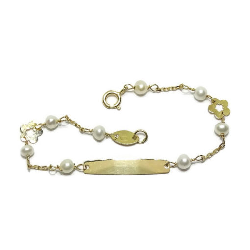 Pulsera para bebé de oro amarillo de 18k con 2 flores y placa para grabar - Imagen 4