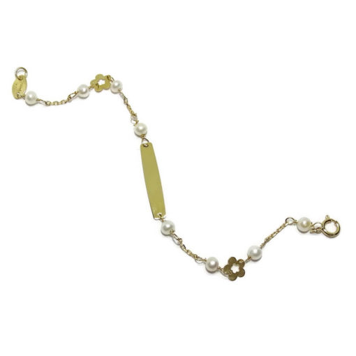 Pulsera para bebé de oro amarillo de 18k con 2 flores y placa para grabar - Imagen 3