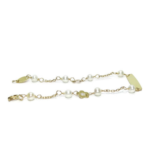 Pulsera para bebé de oro amarillo de 18k con 2 flores y placa para grabar - Imagen 2