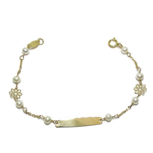 Pulsera para bebé de oro amarillo de 18k con 2 margaritas y placa para grabar