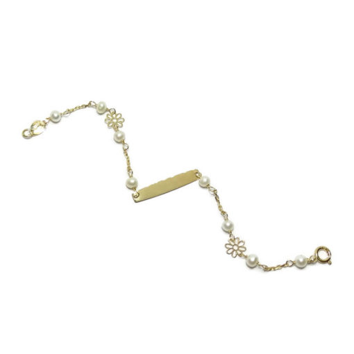Pulsera para bebé de oro amarillo de 18k con 2 margaritas y placa para grabar - Imagen 2