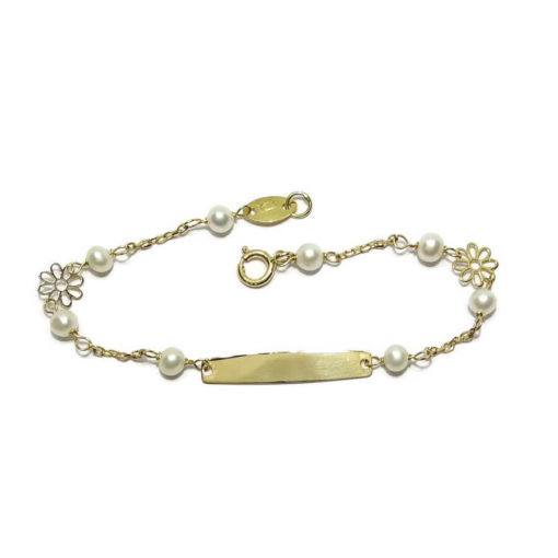 Pulsera para bebé de oro amarillo de 18k con 2 margaritas y placa para grabar - Imagen 4