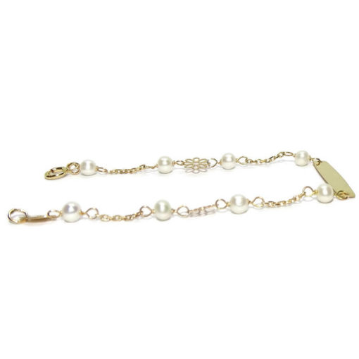 Pulsera para bebé de oro amarillo de 18k con 2 margaritas y placa para grabar - Imagen 3