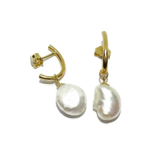 pendientes de medio gancho de oro amarillo de 18K con 2 perlas cultivadas estilo barrocas