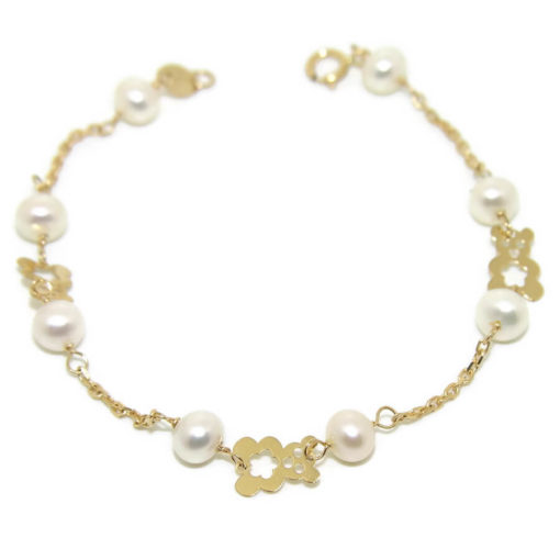 pulsera pensada para comunión de osos de oro amarillo de 18K con 8 perlas cultivadas