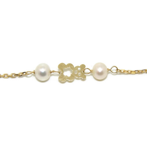 pulsera pensada para comunión de osos de oro amarillo de 18K con 8 perlas cultivadas - Imagen 3