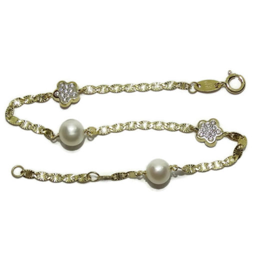 Pulsera de oro amarillo de 18k con flores, circonitas y perlas cultivadas para comunión. - Imagen 4