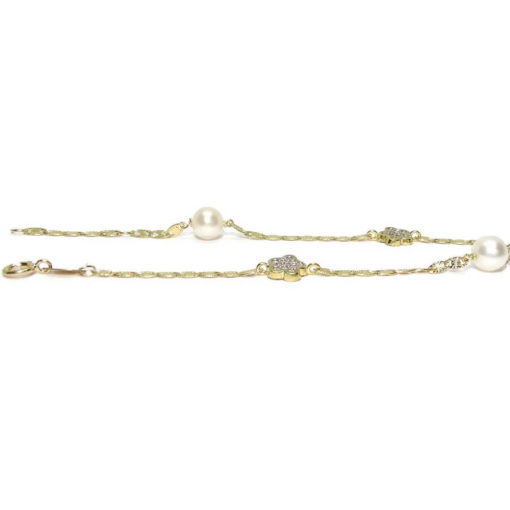Pulsera de oro amarillo de 18k con flores, circonitas y perlas cultivadas para comunión. - Imagen 3