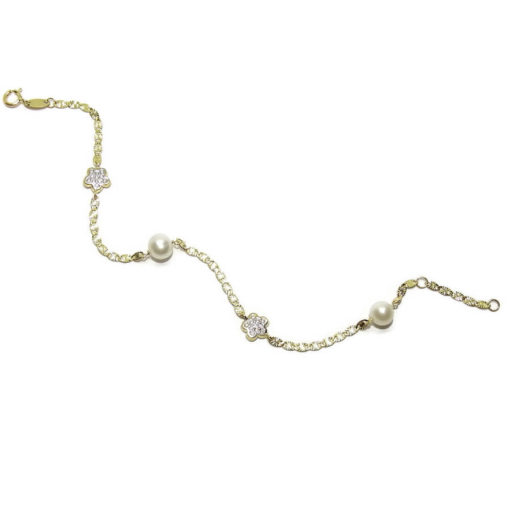Pulsera de oro amarillo de 18k con flores, circonitas y perlas cultivadas para comunión. - Imagen 6