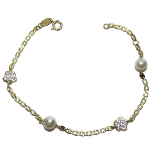 Pulsera de oro amarillo de 18k con flores, circonitas y perlas cultivadas para comunión.