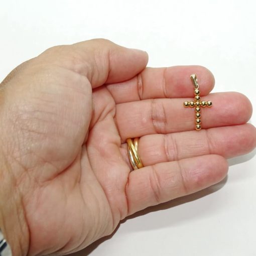 Preciosa cruz de oro amarillo brillo de 18K para comunión de bolas de 2mm de grosor Peso: 0.40 gr de oro de 18k - Imagen 5