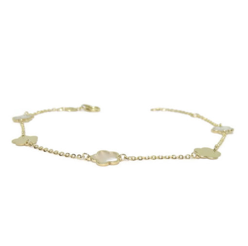 Pulsera de Oro Amarillo de 18k con 5 flores de 7mm de diámetro, 3 de oro y nácar y 2 oro liso. - Imagen 4