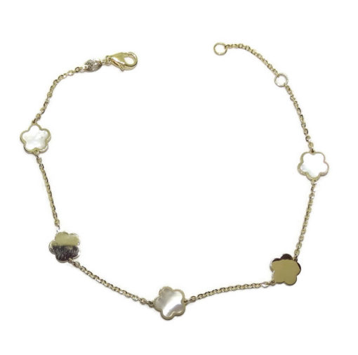 Pulsera de Oro Amarillo de 18k con 5 flores de 7mm de diámetro, 3 de oro y nácar y 2 oro liso.