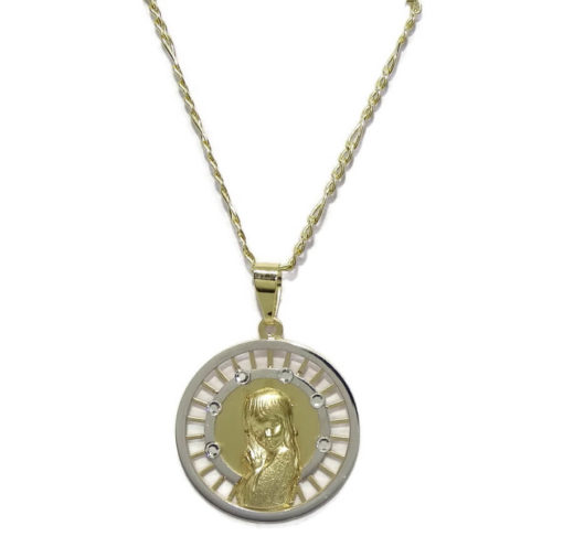 Collar con medalla de la Virgen Niña de oro amarillo y oro blanco de 18K con circonitas de oro de 18k pensada para comunión.