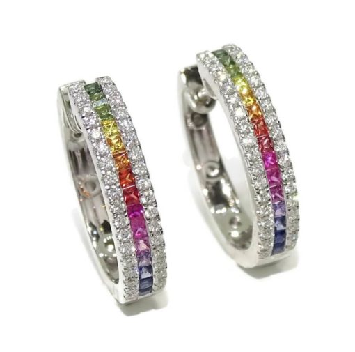 Impresionantes pendientes para mujer con diamantes auténticos y zafiros de color certificados montados en oro blanco de 18k - Imagen 3