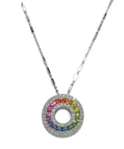 Colgante para mujer con diamantes y zafiros de color certificados montados en oro blanco de 18k y cadena italiana maciza de 45cm.