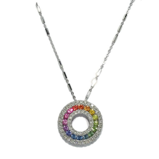 Colgante para mujer con diamantes y zafiros de color certificados montados en oro blanco de 18k y cadena italiana maciza de 45cm.
