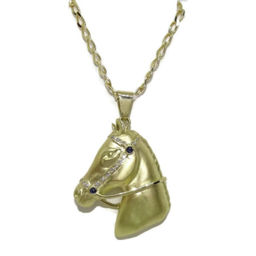 Cabeza de caballo de oro amarillo mate de 18k, hecha a mano, con cadena maciza para hombre. 24.75gr