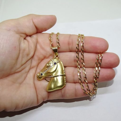 Cabeza de caballo de oro amarillo mate de 18k, hecha a mano, con cadena maciza para hombre. 24.75gr - Imagen 3