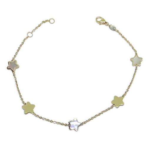 Pulsera de Oro Amarillo de 18k con 5 estrellas de  nácar y oro liso. Especial comunión.