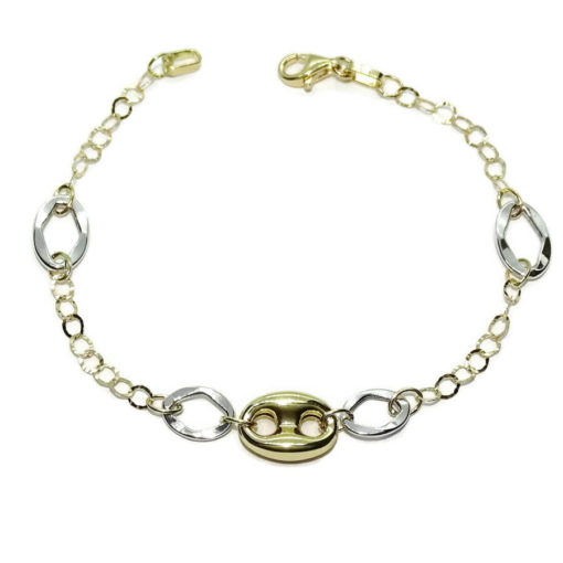 Pulsera de eslabones y calabrote de oro amarillo y oro blanco de 18k de 18.50cm de largo.