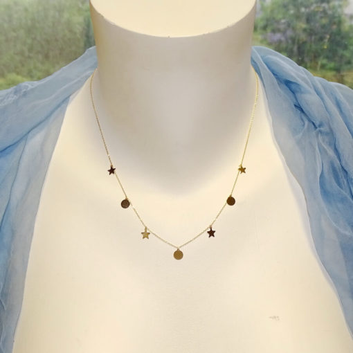 Collar de oro amarillo de 18k con 3 círculos y 4 estrellas de oro de 6mm de diámetro - Imagen 2