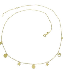 Collar de oro amarillo de 18k con 3 círculos y 4 estrellas de oro de 6mm de diámetro