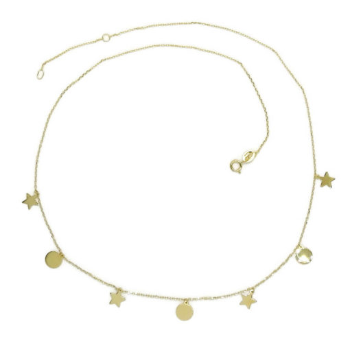 Collar de oro amarillo de 18k con 3 círculos y 4 estrellas de oro de 6mm de diámetro