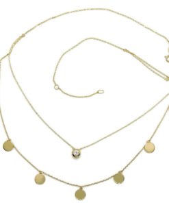 Collar Doble de Oro Amarillo de 18k con Cadena Mini Forzada y 7 círculos planos de 6mm con chatón central de circonita