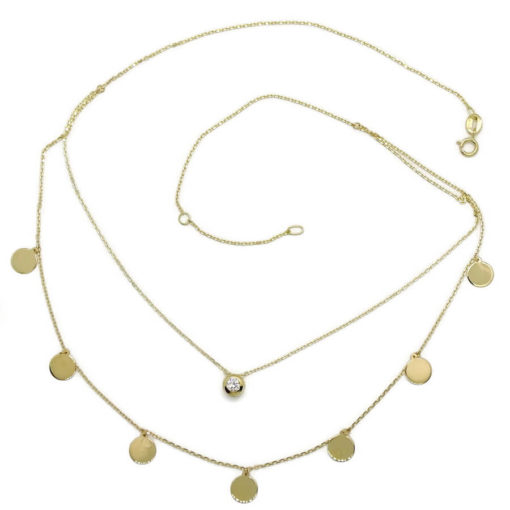 Collar Doble de Oro Amarillo de 18k con Cadena Mini Forzada y 7 círculos planos de 6mm con chatón central de circonita