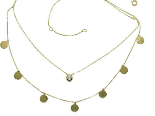 Collar Doble de Oro Amarillo de 18k con Cadena Mini Forzada y 7 círculos planos de 6mm con chatón central de circonita - Imagen 3