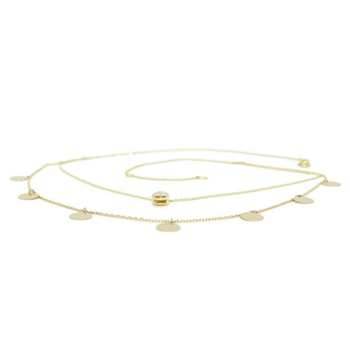 Collar Doble de Oro Amarillo de 18k con Cadena Mini Forzada y 7 círculos planos de 6mm con chatón central de circonita - Imagen 4
