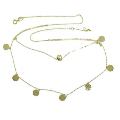 Collar Doble de Oro Amarillo de 18k con Cadena Mini Forzada y 7 círculos planos de 6mm con chatón central de circonita - Imagen 6