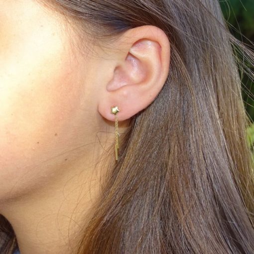 Pendientes para mujer y niña de oro amarillo de 18k con estrellas y cadena mini forzada. - Imagen 2