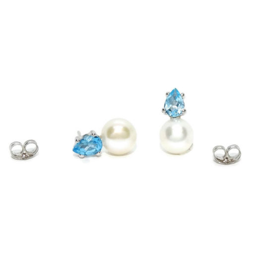 Pendientes con 2 topacios azules engastados con 4 garras en oro blanco de 18k y 2 perlas cultivadas de 7mm. - Imagen 5