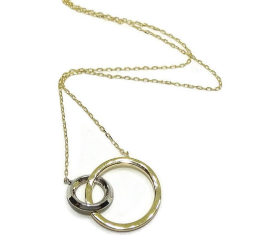 Collar de oro de 18k con 2 círculos, en oro blanco con circonitas y oro amarillo de 18k. - Imagen 4
