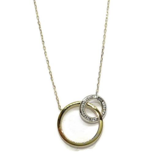 Collar de oro de 18k con 2 círculos, en oro blanco con circonitas y oro amarillo de 18k.