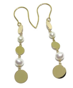 Pendientes de oro de 18k con 6 círculos de oro amarillo y 4 perlas cultivadas de 10mm