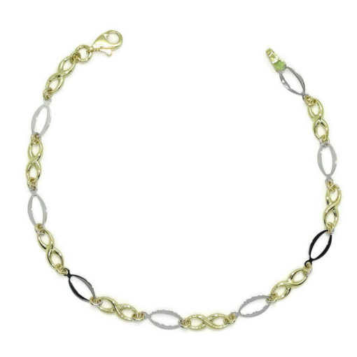 Pulsera de oro amarillo y oro blanco para mujer con infinitos y eslabones ovalados. 19.00cm de larga.