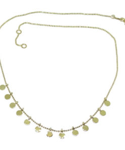 Collar de moda de Oro Amarillo de 18k con Cadena de bolitas lapidadas y 13 círculos. 42cm