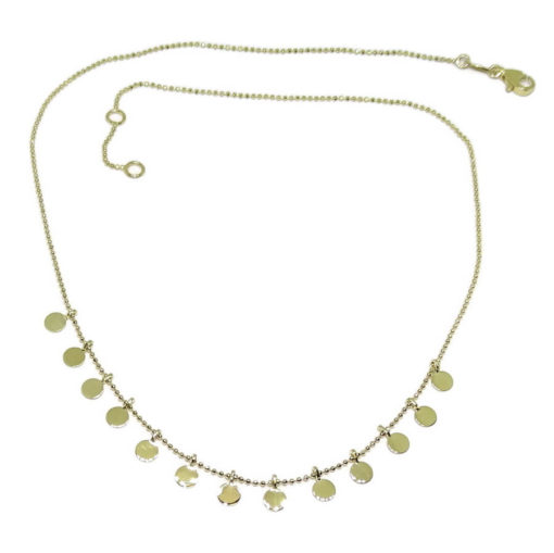 Collar de moda de Oro Amarillo de 18k con Cadena de bolitas lapidadas y 13 círculos. 42cm