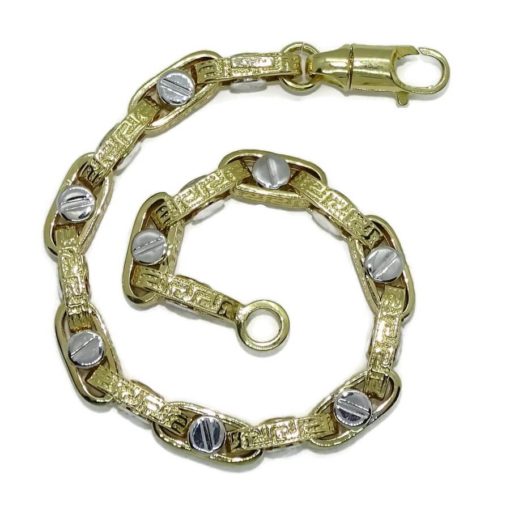 Pulsera para hombre de oro amarillo y oro blanco de 18k con cadena forzada con greca y detalle de tornillo. 12.20gr - Imagen 5