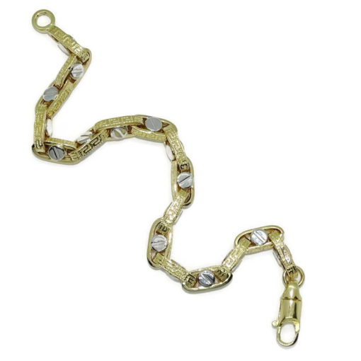 Pulsera para hombre de oro amarillo y oro blanco de 18k con cadena forzada con greca y detalle de tornillo. 12.20gr - Imagen 6